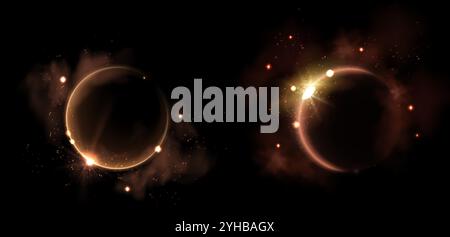 Gold solar eclipse light effect. Moon flare ring glow. Total lunar aureole for horizon galaxy background. Golden led crescent halo with bright sparkle for shiny astrology design. Abstract globe aura Stock Vector