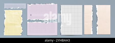Torn notebook paper pieces with grid lines and square of pastel colors - yellow and purple, grey and peach. Realistic set of memo sheets fragments with ripped edges for scrapbooking and collage design Stock Vector