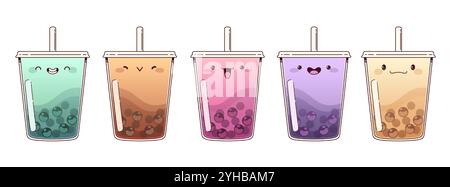Collection of bubble tea drinks with kawaii face expressions. Sweet beverage in plastic transparent cups with straw, different flavors with tapioca pearls decorated with adorable smiling emotions. Stock Vector