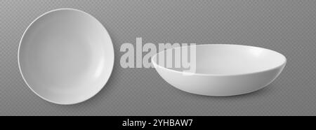 3d white empty plate for soup. Ceramic bowl vector. Realistic round porcelain salad serving tableware mockup for restaurant. Clean crockery isolated on transparent background. Deep glass dinnerware Stock Vector