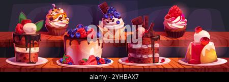 Cake on bakery counter in store. Cute cupcake on shelf in shop interior for birthday. Sweet muffin on showcase shelves with chocolate, strawberry and cream. Sugar dessert display on plate scene Stock Vector