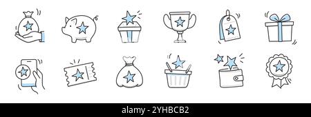 Reward bonus gift icon set. Benefit reward bonus loyalty prize hand drawn sketch line pen stroke style icon. Benefit gift coupon, loyalty card sketch doodle drawn collection. Vector illustration Stock Vector