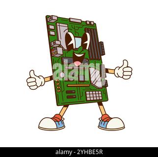 Groovy computer motherboard character. Isolated cartoon vector vintage nostalgic processor personage with chips, cheerful face and retro sneakers giving thumbs-up, exuding playful and tech-savvy vibe Stock Vector