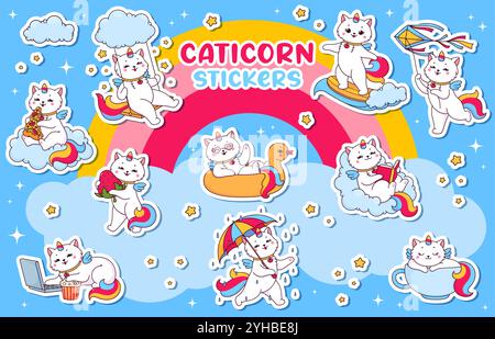 Cartoon caticorn characters stickers of cute unicorn cat, kitty and kitten on sky with rainbow and clouds vector background. Happy caticorn animal personages surfing, reading, eating pizza or sleeping Stock Vector