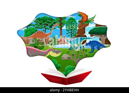 Paper cut opened book with prehistoric era dinosaurs landscape. Cartoon vector scene emerges from an open book symbolizing magic and adventure of reading. Educational storytelling about the dino world Stock Vector
