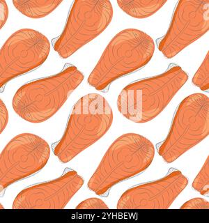Salmon steak Seamless pattern in trendy doodle style. Healthy food Day background or wallpaper idea. Isolated Vector illustration wrapping or web promo, packing, thematic cards or price tag, labels Stock Vector