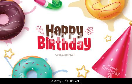 Happy birthday greeting vector template design. Birthday greeting text with donut, whistle and party hat decoration party clip art elements. Vector Stock Vector