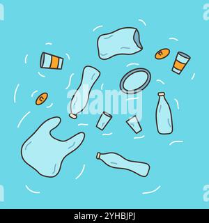 Plastic trash floats in the water. Plastic bag, bottles, coffee cups, plastic dishes. Stop plastic concept. Environmental protection from pollution. C Stock Vector