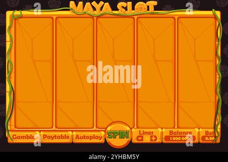 Casino slot machine game UI design, stone gambling mobile app concept for the Maya themed Casino Game. The game user interface with stone basic Stock Vector