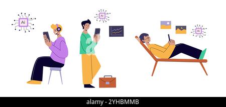 Artificial intelligence concept with people. Flat vector illustration. Person using ai technology for work. Collaboration with ai robotic program. Art Stock Vector