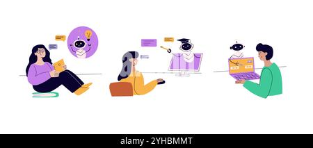Artificial intelligence concept with people. Flat vector illustration. Person using ai technology for work. Ai program. Artificial intelligence tool f Stock Vector