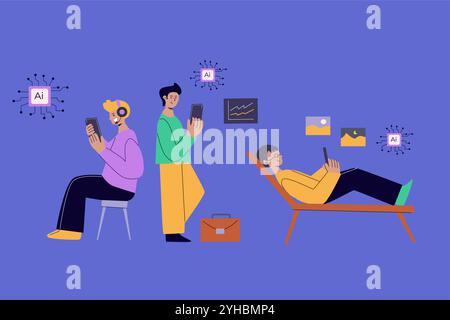 Artificial intelligence concept with people. Flat vector illustration. Person using ai technology for work. Collaboration with ai robotic program. Art Stock Vector