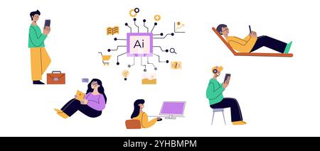 Artificial intelligence concept with people. Flat vector illustration. Person using ai technology for work. Collaboration with ai robotic program. Art Stock Vector