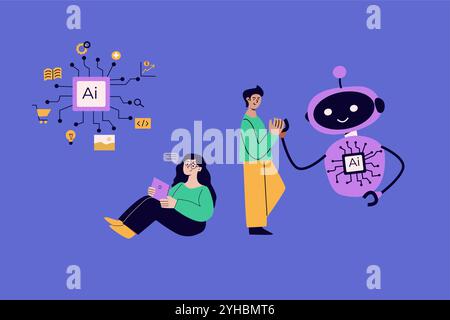 Artificial intelligence concept with people. Flat vector illustration. Person using ai technology for work. Collaboration with ai robotic program. Art Stock Vector