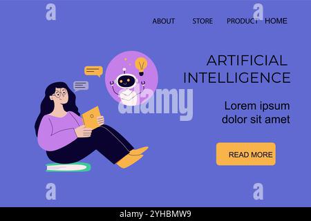 Artificial intelligence concept with people web design. Flat vector illustration. Person using ai technology for work. Collaboration with ai robotic p Stock Vector