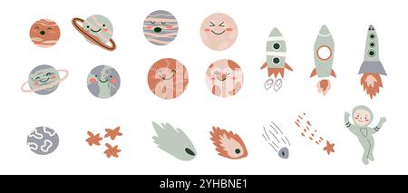 Space bundle. Cosmic objects and child astronaut. Galaxy elements collection. Cute stellar, planets stickers set. Stock Vector