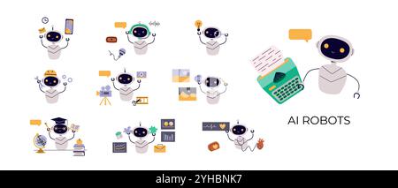 Artificial intelligence robots set. Ai generating texts, images, video, music, audio, working with finance graphics, medical equipment. Generative AI Stock Vector
