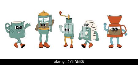 Coffee Groovy Characters set. Isolated on white. Cute y2k hot drink brewing stickers. Coffee makers and milk, grinder retro collection. Funny Icons fo Stock Vector
