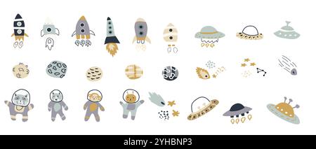 Space bundle. Cosmic objects and childrens animal characters. Galaxy elements collection. Cute stellar stickers set. Monsters or aliens big collection Stock Vector