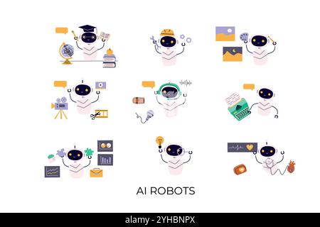 Artificial intelligence robots set. Ai generating texts, images, video, music, audio, working with finance graphics, medical equipment. Generative AI Stock Vector