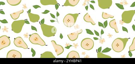 Hand drawn abstract bright fruit pear pattern with plant parts and sliced food. Seamless pattern for textile, wrapping paper, posters. Fashion texture Stock Vector