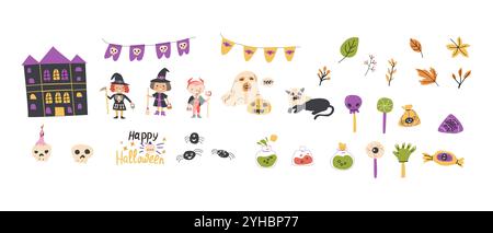 Childrens Halloween party elements set. Collection of cute kids, pets in costumes, poisons. Kids spooky party decoration festive elements with Hallowe Stock Vector