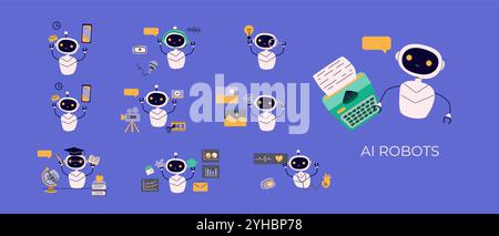 Artificial intelligence robots set. Ai generating texts, images, video, music, audio, working with finance graphics, medical equipment. Generative AI Stock Vector