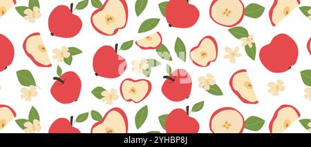 Hand drawn abstract apple pattern with plant parts and sliced food. Seamless pattern for textile, wrapping paper, posters. Fashion textures of fruit s Stock Vector