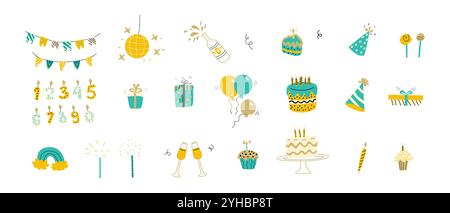 Birthday decorative elements bundle. Party objects collection. Doodle event decoration elements set with gifts, cakes, baloons, wine glasses. Can used Stock Vector