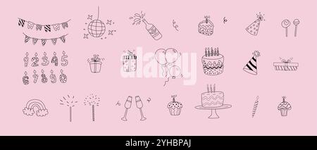 Birthday decorative elements bundle. Party objects collection. Doodle event decoration elements set with gifts, cakes, baloons, wine glasses. Can used Stock Vector