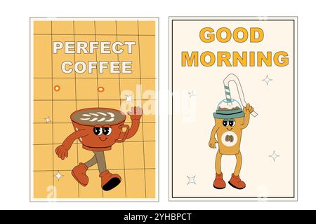 Banner or poster with coffee groovy characters set. Retro y2k and 60s mascots vertical cards collection. Advertising background with trendy vintage co Stock Vector