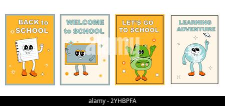 School posters set with groovy characters. Stationery with y2k school elements background. Retro 60s and 70s, y2k vertical banners set for Back to sch Stock Vector