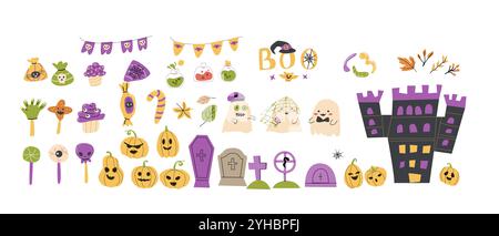Childrens Halloween party elements set. Collection of cute ghosts, pumkin, sweets, graves. Kids spooky party decoration festive elements with Hallowee Stock Vector