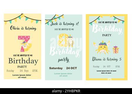 Childrens magic invitation card with fairy animal. Fantasy world elements design. Template for magic birthday party with unicorn or cute animal with h Stock Vector