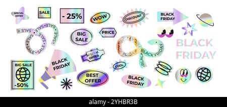 Black friday holographic stickers and patches, sale prices tags and labels. Aesthetic brutalism y2k shapes and figures. Stock Vector