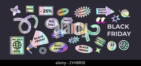 Black friday holographic stickers and patches, sale prices tags and labels. Aesthetic brutalism y2k shapes and figures. Stock Vector