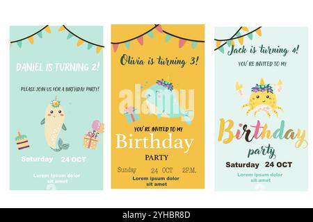 Childrens magic invitation card with fairy animal. Fantasy world elements design. Template for magic birthday party with unicorn or cute animal with h Stock Vector