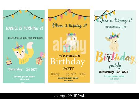 Childrens magic invitation card with fairy animal. Fantasy world elements design. Template for magic birthday party with unicorn or cute animal with h Stock Vector