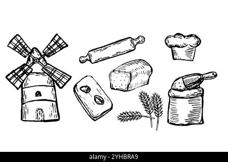 Bread collection in retro style. Sketch of wheat, flour, mill and other icons. Rural elements of harvest, bakery shop. Stock Vector