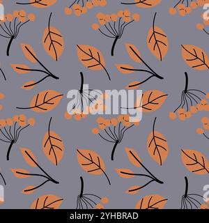 Autumn fall thanksgiving day seamless pattern with cute leaves, things, pumkins. Harvest decoration design. Square background with leaves, acorns, nut Stock Vector