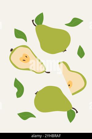 Modern vertical pears poster, vector flat illustration. Autumn bright pattern with tropical fruit, harvest cover design. Can used for labels, market a Stock Vector