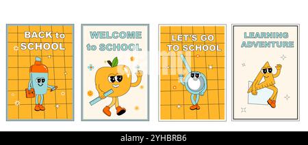 School posters set with groovy characters. Stationery with y2k school elements background. Retro 60s and 70s, y2k vertical banners set for Back to sch Stock Vector