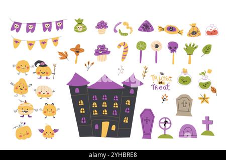 Childrens Halloween party elements set. Collection of cute pumkins, graves, candy, poisons. Kids spooky party decoration festive elements with Hallowe Stock Vector