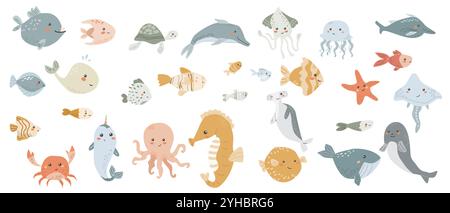 Cute childrens sea animals set. Marine underwater elements collection. Ocean inhabitants set of dolphin, whale and other cute characters. Wild aquatic Stock Vector