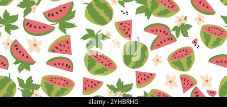 Hand drawn abstract watermelon pattern with plant parts and sliced food. Seamless pattern for textile, wrapping paper, posters. Fashion textures. Stock Vector