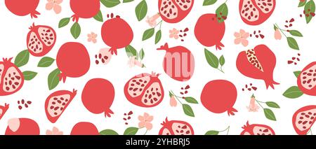 Hand drawn abstract pomegranate pattern with plant parts and sliced food. Seamless pattern for textile, wrapping paper, posters. Fashion textures. Stock Vector