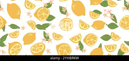 Hand drawn abstract lemon fruit pattern with plant parts and sliced food. Seamless pattern with lemon for textile, wrapping paper, posters. Fashion te Stock Vector