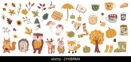 Fall animals bundle with leaves and other seasonal items and clothes, things. Childrens forest wild animals with harvest clipart elements. Hand drawn Stock Vector