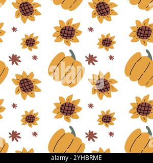 Autumn fall thanksgiving day seamless pattern with cute leaves, things, pumkins. Harvest decoration design. Square background with leaves, acorns, nut Stock Vector