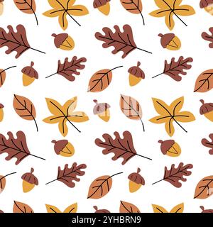 Autumn fall thanksgiving day seamless pattern with cute leaves, things, pumkins. Harvest decoration design. Square background with leaves, acorns, nut Stock Vector